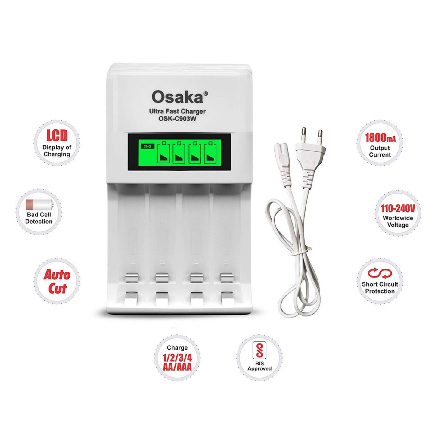 Osaka Ultra Fast Charger OSK-C903W LCD Charger for AA and AAA Ni-mh Rechargeable Batteries (White)