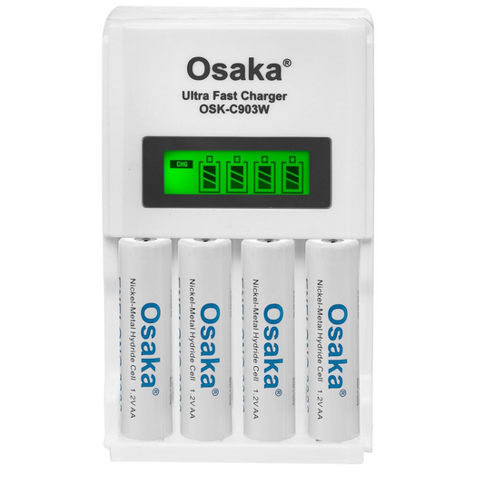 OSAKA HR06 3000mAh AA Ni-Mh Rechargeable Batteries 4 Pieces with OSK-C903W Battery Charger Set