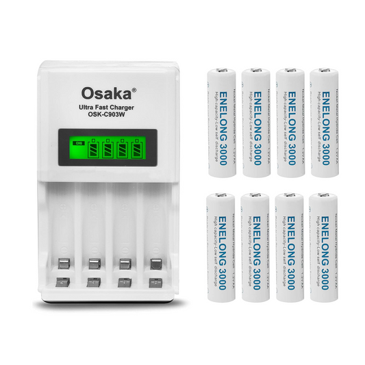 OSAKA HR06 3000mAh AA Ni-Mh Rechargeable Batteries 8 Pieces with OSK-C903W Battery Charger Set