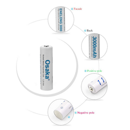 Osaka NI-MH HR06 4xAA 3000mAh Enelong Rechargeable Battery Set for Camera Flashes, Mic, Toys, Remote.