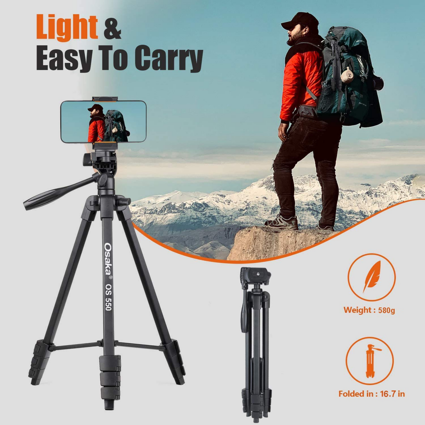 Osaka OS 550 Tripod 55 Inches (140 cm) with Mobile Holder